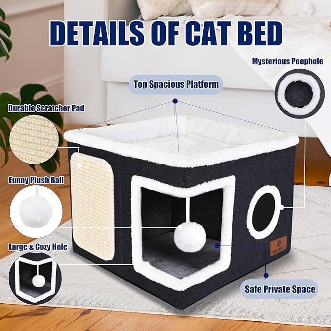 Cat Beds for Indoor Cats, Large Cat Cave Bed with Scratch Pad and Fluffy Ball, Foldable Cat Hideaway, Cat House with Reversible Cushion for Multi Small Pet Up to 30LBS, Dark Grey