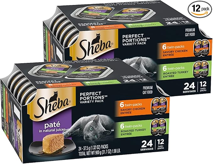 Sheba Perfect Portions Wet Cat Food Pate, Savory Chicken Entree and Roasted Turkey Entree, Cat Food Wet Recipe Variety Pack, 2.6 oz. Twin-Pack Trays (12 Count, 24 Servings) (Pack of 2)