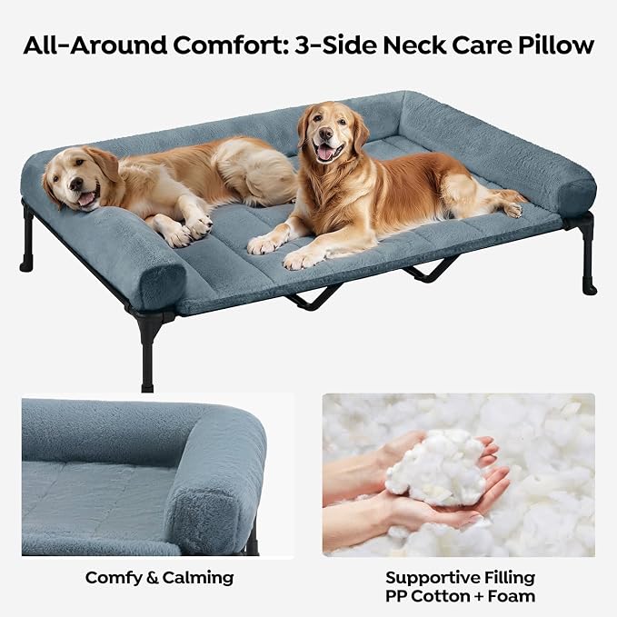 Veehoo Orthopedic Elevated Dog Bed with Fluffy Plush Bolster Cushion, Indoor Raised Dog Beds for Large Dogs, Soft Pet Sofa Cot with Removable Washable Mat, No-Slip Feet, 59 x 37 inches, Haze Blue