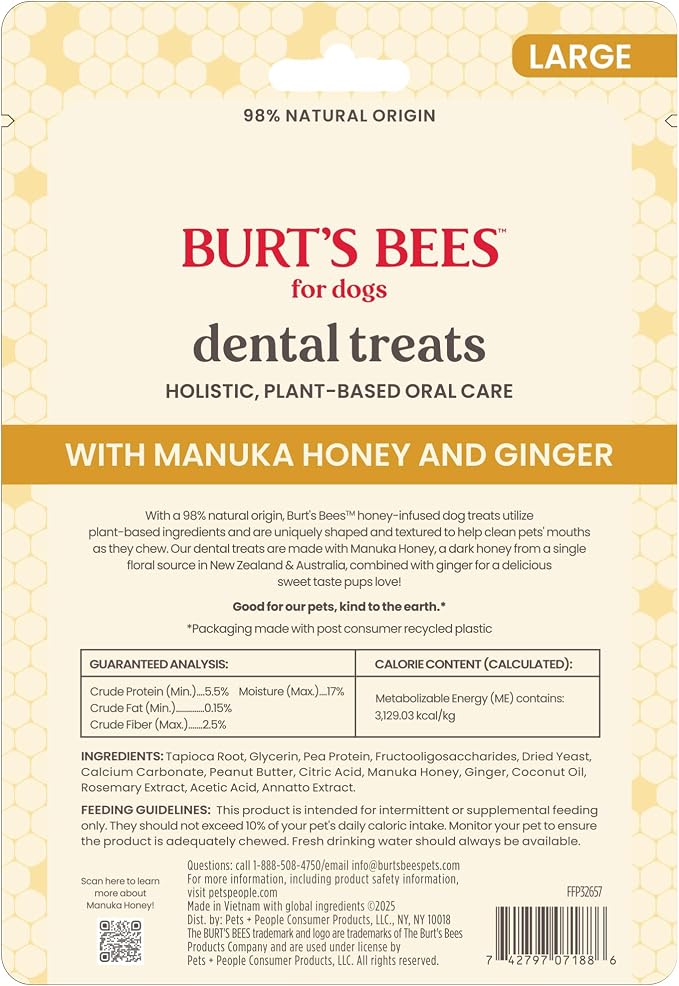 BURT'S BEES FOR PETS Dental Treats for Dogs with Manuka Honey & Ginger, 98% Natural Origin, Holistic Oral Care, Freshens Breath, Peanut Butter Flavor, Medium/Large Size, 5 ct, 7.0 Oz