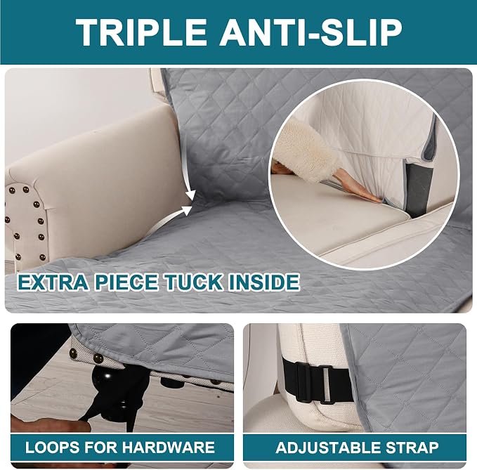 Turquoize 100% Waterproof Sofa Covers Chaise Lounge L Shape Sofa Protector Slip Cover Triple Non-Slip Sofa Slipcover for Sectional Couch Cover for Pets, Kids (Chaise, Dove Gray)