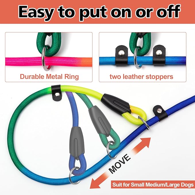 FOVRLZSE 3-Pack Adjustable Rainbow Dog Slip Leads Multi-Color, 5FT Reflective Nylon – No Collar Needed, No-Pull, Ideal for Small/Medium Dogs (Training/Walking)