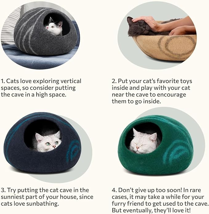 MEOWFIA Cat Cave – Premium Felt Cat Enclosure for Indoor Cats, Handmade Merino Wool (Beige, Large)