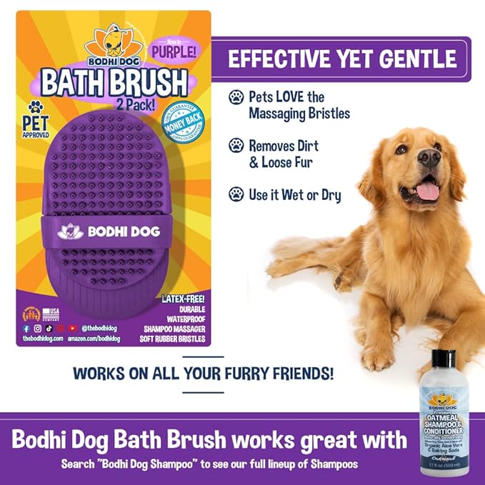 Bodhi Dog Shampoo Brush - Pet Grooming & Bath Supplies for Dogs and Cats - Bath Brush for Long & Short Hair - Premium Scrubber for Shower, Bathing & Massage (Two Pack, Purple)