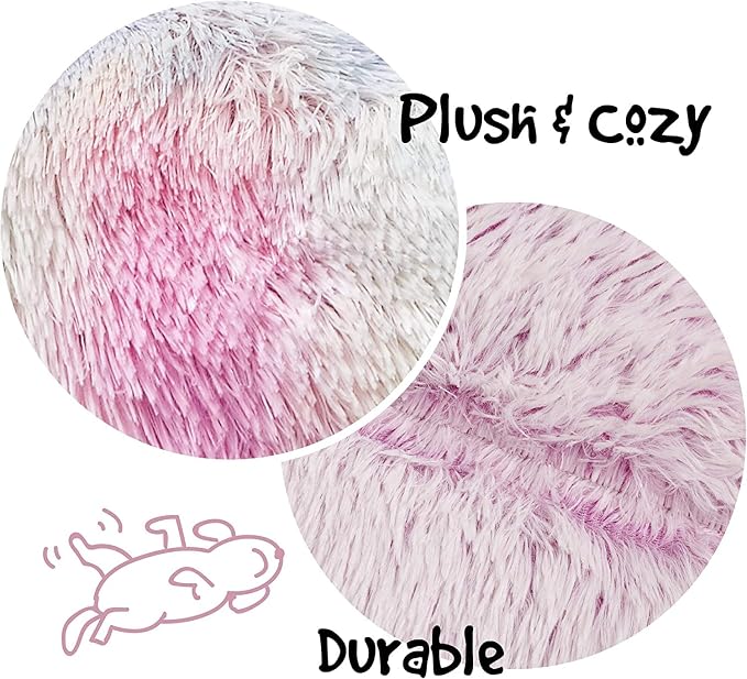 Friends Forever Donut Dog Bed Faux Fur Fluffy Calming Sofa For Small Dogs, Soft & Plush Anti Anxiety Pet Couch For Dogs, Machine Washable Coco Pet Bed with Non-Slip Bottom, 23"x23"x6" Rainbow