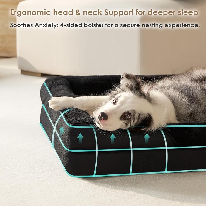 EHEYCIGA Orthopedic Dog Bed for Medium Dog, 35x22 Inch Memory Foam Dog Couch Bed with Sides, Waterproof Liner & Washable Removable Cover, Bolster Pet Sofa, Black