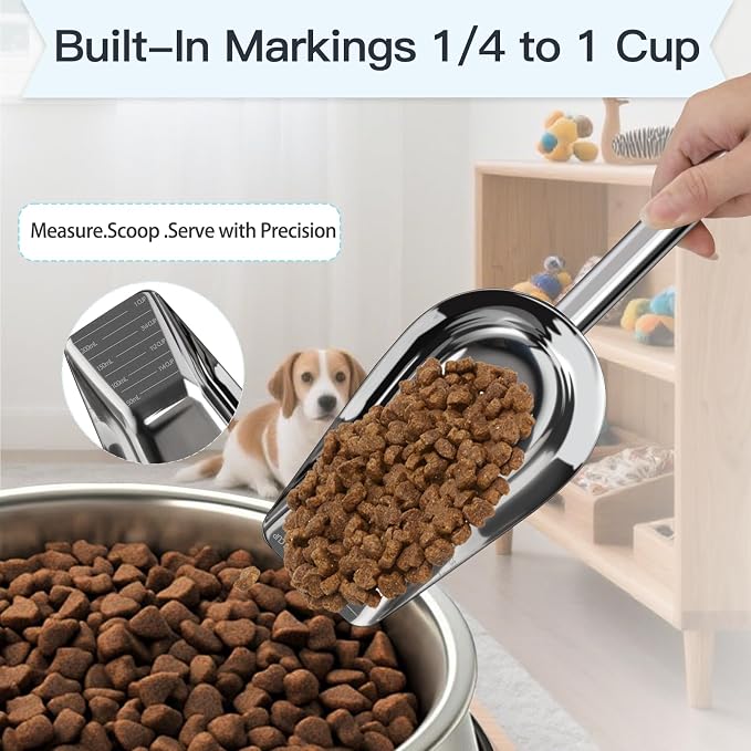 Dog-Cat Food Scoop 1 Cup – Thickened 304 Stainless Steel Pet Food Scoop with Long Handle, Precision Scale, Easy to Clean, for Wet Dry Food