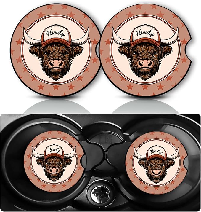 2Pack Highland Cow Car Cup Holder Coaster,Highland Cow Gifts for Women Men,Vehicle Interior Drink Mat Reusable Neoprene Car Coasters for Cup Holders Decor,Cows Automotive Accessories