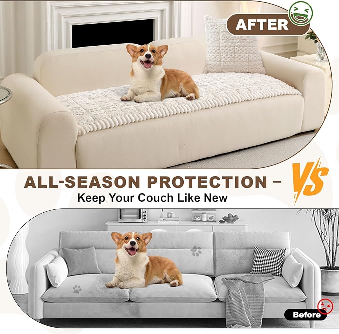 OTOB All Seasons Sofa Covers for 3 Cushion Couch Washable, Geometric Jacquard Fuzzy Non-Slip Pet Couch Cover, Kids Pet Friendly Soft Plush Sofa Slipcovers Dog Bed Mats (Off White, 27.6" x 70.9")
