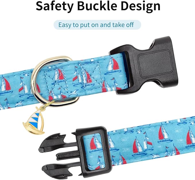 Personalized Dog Collars,Adjustable Puppy Collars with Safety Buckle for Small Medium Large Dogs,Cute and Unique Pink Cherry Pattern Pet Collar for Boy Girl Dogs. (Blue Sailboat, L)