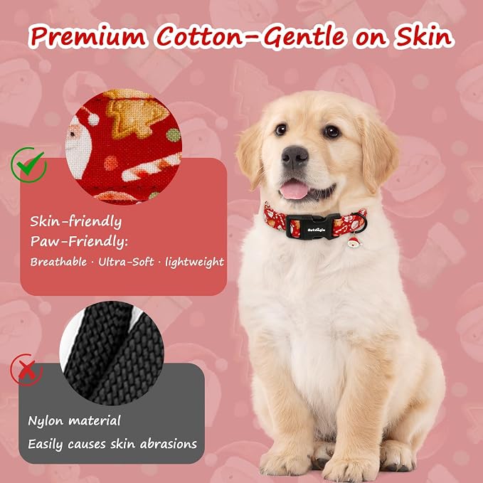 Christmas Dog Collar for Large Dogs, Red Dog Collars with Santa Socks Gingerbread, Adjustable Cotton Puppy Collar, Dog Christmas Collars Festive Collar Perfect for Photos
