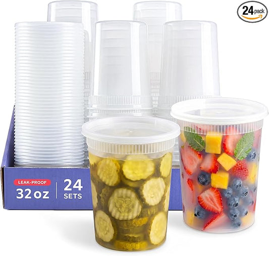 GUSTO [32 oz. - 24 Count Plastic Deli Containers with Lids - Disposable Food Storage Containers With Airtight Lids, Ideal for Soups, Stews, and Meal Prep