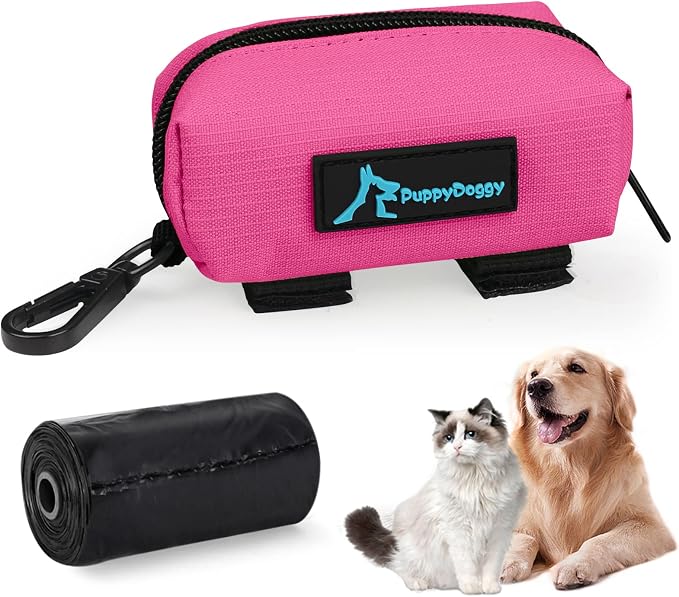 1 Pack Poop Bag Holder for Dogs & Cats Waste Bag Dispenser Pouch with 1 Roll of Free Poop Bags - Dog Leash Accessory & Bicycle (Pink)