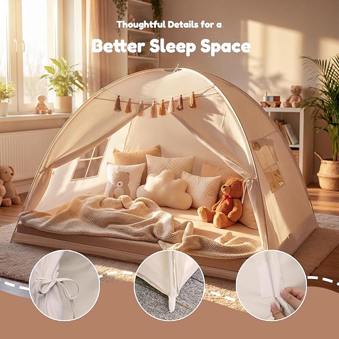 Gorich Twin Bed Tent for Kids, Indoor Privacy Toddler Sleeping Canopy with Mesh Window, Fits Bunk or Floor Bed, Include Star Lights & Tassels, Cozy Playhouse for Boys Girls Birthday