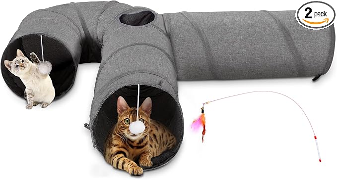 Ownpets Cat Tunnel Large 3 Way Collapsible Cloth Pet Tunnel Tube with Plush Ball & Feather Toy, U-Shaped Cat Play Tunnel for Indoor Cat, Puppy, Kitty, Kitten, Rabbit(Gray)
