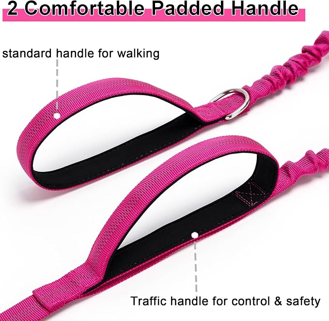 5FT Bungee Dog Leash with 2 Handles, Reflective Strong Nylon Traffic Leash, Shock Absorbing Lead for Large Medium Dogs Walking Training Controlling, Rose red