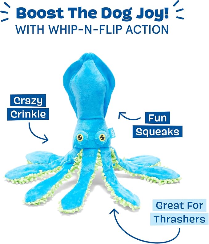 Barkbox Shifty Sid the Squid Dog Toy – Plush Squeaky Toy with Crazy Crinkle & Whip-N-Flip Legs – Interactive Thrash & Play Toy for Dogs