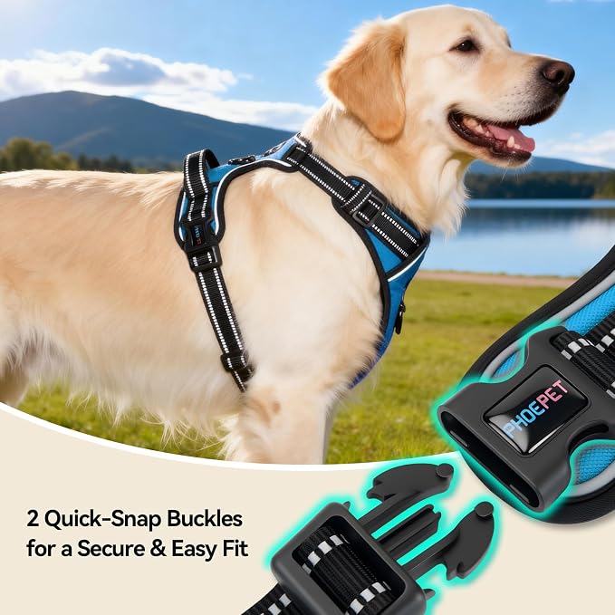 PHOEPET Reflective Dog Harness No Pull Large Breed Vest with 2 Metal Leash Attachment Hooks(XL, Blue)
