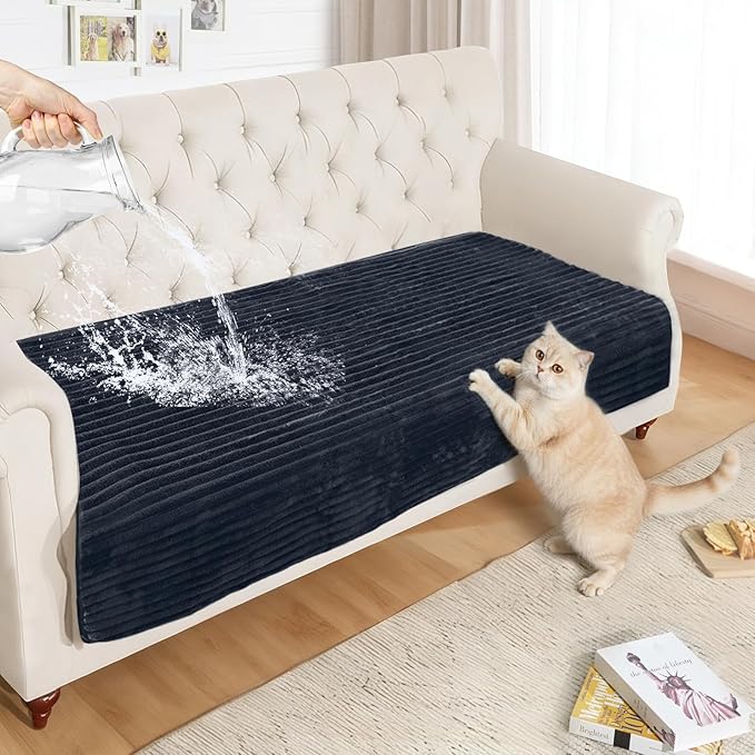 NAISI Couch Covers for Dogs Waterproof Flannel Striped Sofa Cover Pet Friendly Washable Dog Mat for Couch Anti Slip Sectional Sofa Slipcover Protector(1pc/35"x 63",Dark Navy)