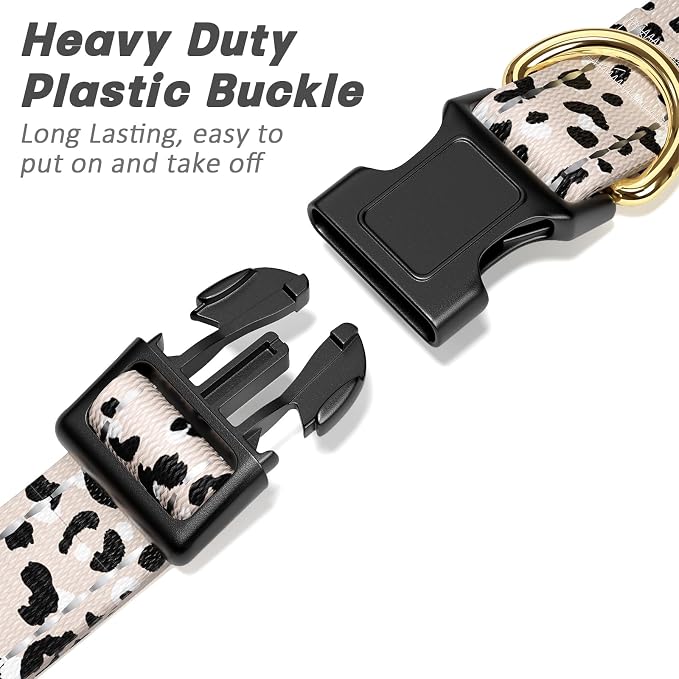 Reflective Dog Collar for Large Dogs, Cute Leopard Style Adjustable Heavy-Duty Nylon Puppy Collar for Boy and Girl Female, Soft Pet Accessories with Quick Release Buckle, Beige