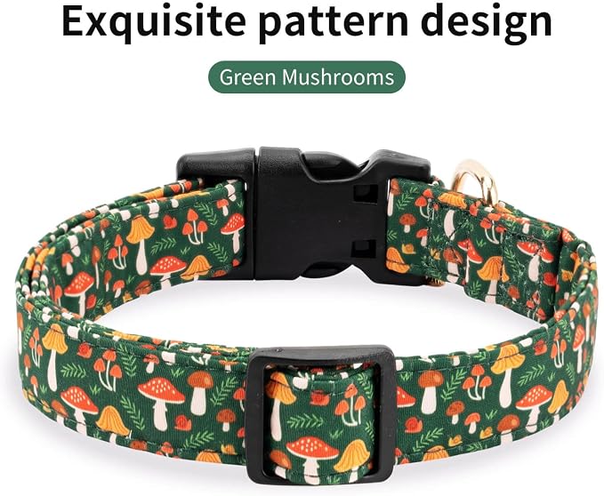 Fall Dog Collar,Soft and Cute Spring Cotton Puppy Collars with Mushroom Patterned Design for Girl Female Boy Dogs,Adjustable Buckle Pet Collar for Small Medium Large Dogs (Green Mushroom, L)