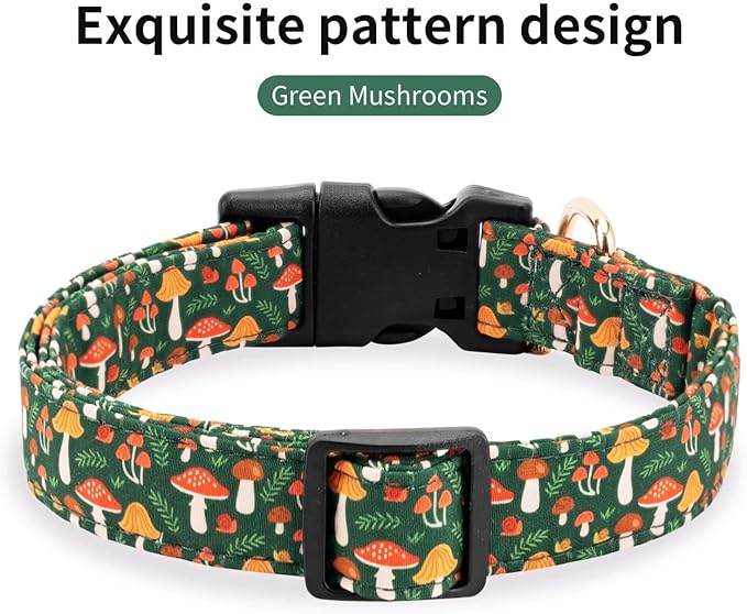 Fall Dog Collar,Soft and Cute Spring Cotton Puppy Collars with Mushroom Patterned Design for Girl Female Boy Dogs,Adjustable Buckle Pet Collar for Small Medium Large Dogs (Green Mushroom, S)