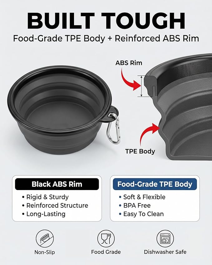 Collapsible Dog Bowls for Travel, 2-Pack Dog Portable Water Bowl for Dogs Cats Pet Foldable Feeding Watering Dish for Traveling Camping with Carabiners, BPA Free (Grey&Black, Medium (Pack of 2))