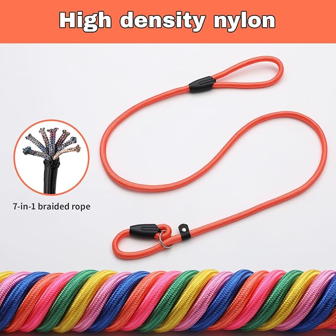FOVRLZSE 3-Pack Adjustable Dog Slip Leads Pink/Light Blue/Orange - Super-Strong, Easy On/Off, No Collar Needed, Standalone Use, Eye-Catching for Walking/Training