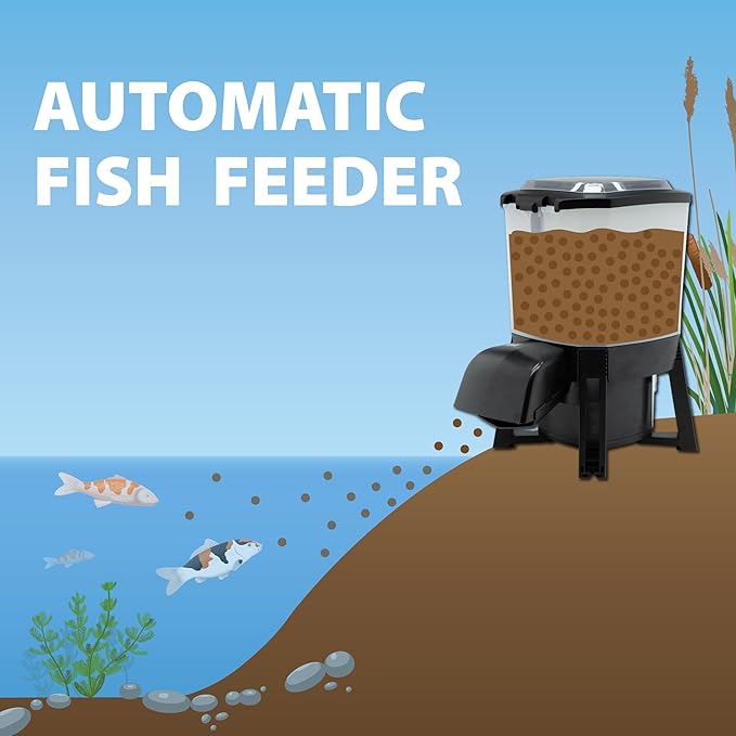The Pond Guy KoiGrower Automatic Pond Fish Food Dispenser, Solar, Battery & AC Electric Power, Auto Timed Koi Pellet Feeder, 5 Gallon Feed Container