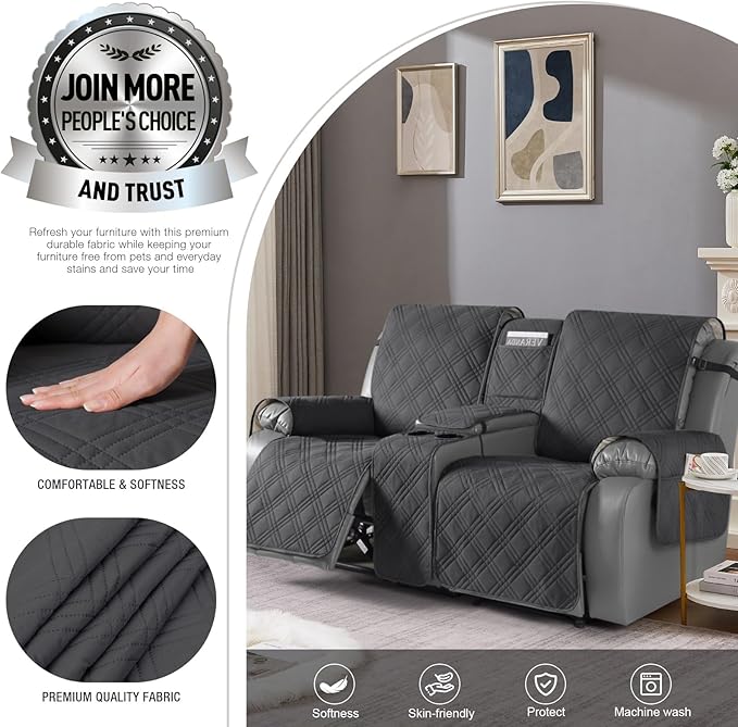 TAOCOCO Loveseat Recliner Cover with Console, Non-Slip Split Reclining Pet Cover for Dual Loveseat Recliner, Furniture Protector with Elastic Straps (2 Seater, Charcoal Gray)