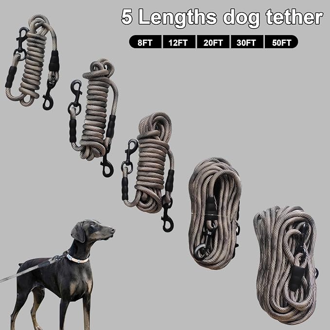 BTINESFUL Tie-Out Check Cord Long Rope Dog Tether, 8ft 12ft 20ft 30ft 50ft Dog Lead for Yard, Large Medium Dogs Oudoor Training, Playing, Camping, or Backyard (30ft, Beige Black)