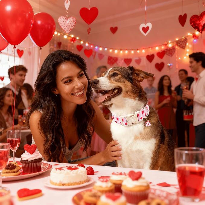 Elegant little tail Valentine's Dog Collar - Pink Plaid Red Heart Dog Collars Cotton Soft Puppy Adjustable Pet Collars with Sturdy Quick Release Buckle for X-Small Dogs