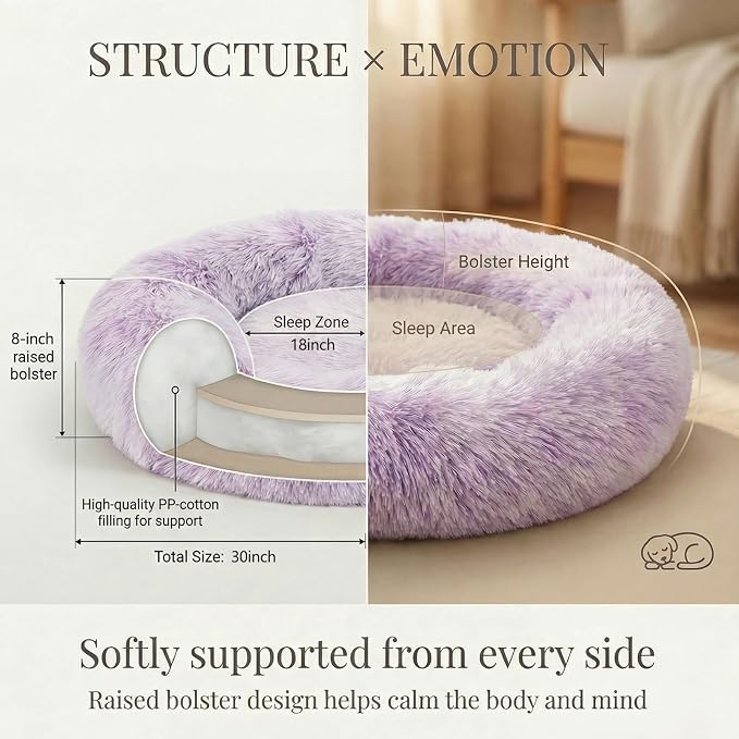 Calming Dog Bed for Medium Dogs Washable Donut 30 inches Anti-Slip Pet Bed,Round Fluffy Plush Faux Fur Cat Bed,Fits up to 45 lbs Pets,Gradient Purple