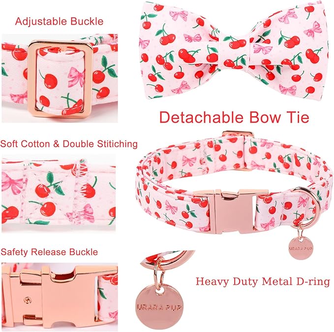 Spring and Summer Dog Collar with Bow Tie, Spring Cherry Bowtie Collar for Girl Boy Dog with Metal Buckle, Pink Bow Collar for Dogs, S