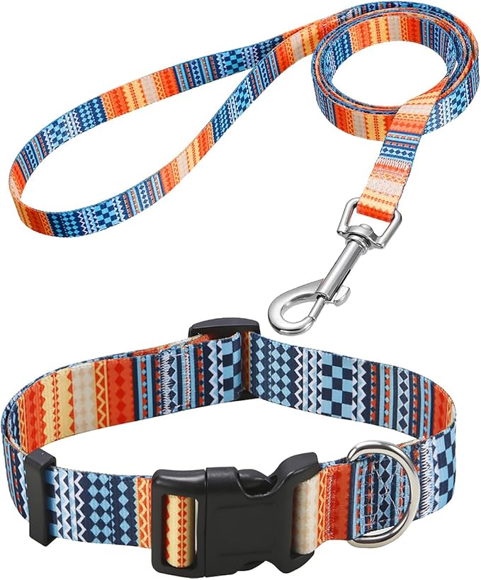 Mihqy Dog Collar and Leash Set with Bohemia Floral Tribal Geometric Patterns - Soft Ethnic Style Collar Adjustable for Small Medium Large Dogs(Bohemian Orange Set,S)