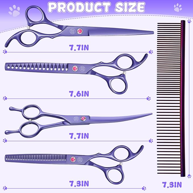 Professional Dog Scissors Set - 7 Inch/8 Inch Curved Chunkers & Thinning Shears with Grooming Comb