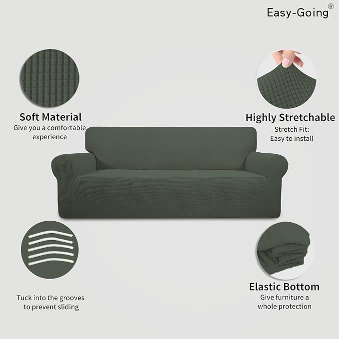 Easy-Going Stretch Sofa Slipcover 1-Piece Sofa Cover Furniture Protector Couch Soft with Elastic Bottom for Kids, Polyester Spandex Jacquard Fabric Small Checks (Sofa, Olive Green)