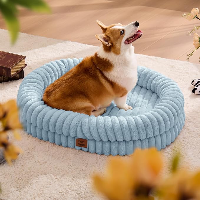 ChiXnuggle Orthopedic Dog Bed for Large Dogs, Waterproof Faux Rabbit Fur Dog Couch with Egg Crate Foam Support and Washable Removable Cover, Bolster Pet Sofa with Non-Slip Bottom, 35x28x7, Light Blue