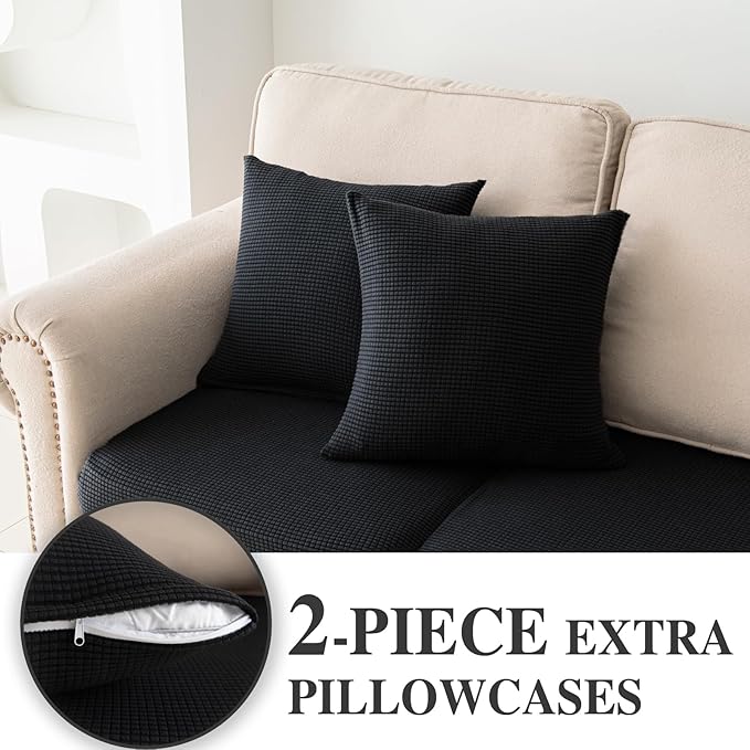LA MEACK Couch Cushion Covers for Sectional Sofa L Shape Washable Separate Seat Chaise Couch Cover Stretch Sofa Slipcovers with 2 Pcs Pillowcases(3 Seater + 1 Chaise, Black)