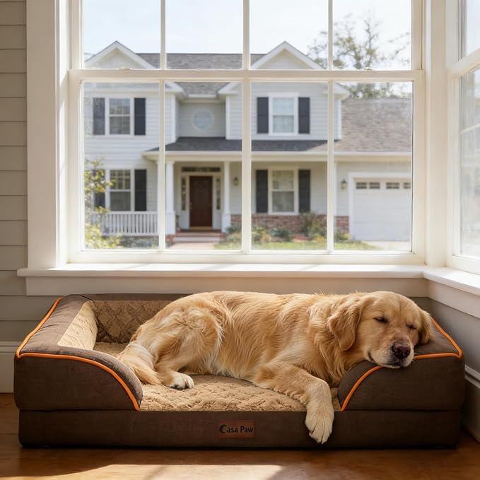 Orthopedic Dog Beds for Extra Large Sized Dogs 42x30 Inch, XL Waterproof Egg Crate Foam Dog Sofa Bed with Removable Washable Cover Big Pet Couch with Bolster & Non-Slip Bottom, Brown