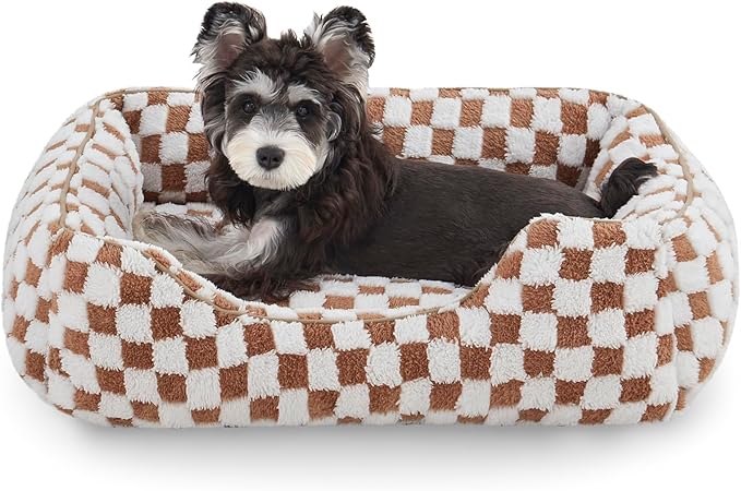 JOEJOY Dog Beds for Small Dogs -Cute Cat Beds for Indoor Cats Calming Pet Beds, Rectangle Orthopedic Cuddle Puppy Bed with Jacquard Shaggy Plush & Anti Slip Bottom, 20x19x6inches, Brown
