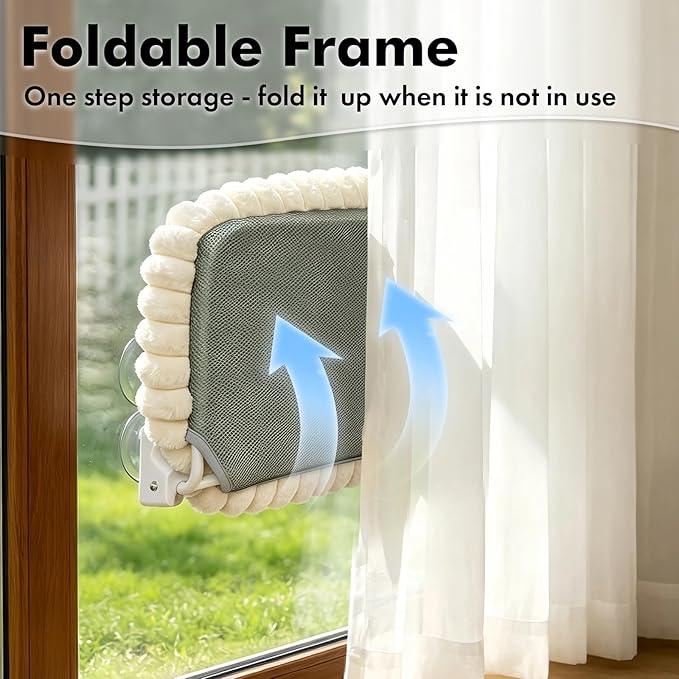 AMOSIJOY Cordless Cat Window Perch, Window Hammock for Cats with 4 Strong Suction Cups, Solid Metal Frame and Cushion Bed Cover, Indoor Cat Bed (L,Stripe)
