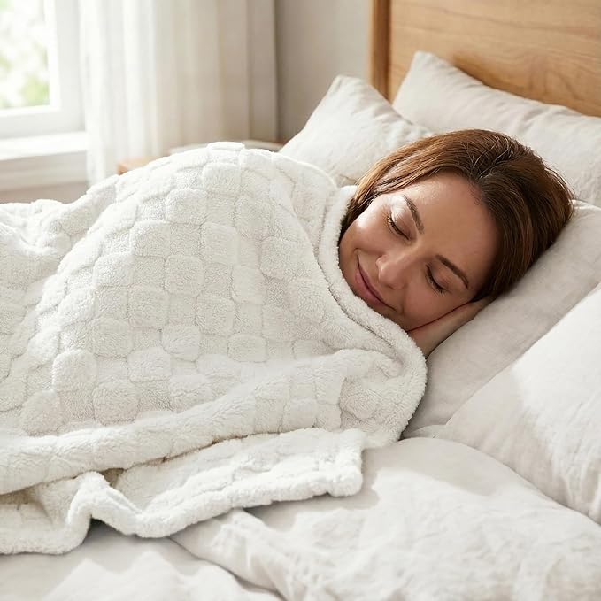 Americanflat 50x60 Jacquard Fleece Throw Blanket - Soft and Breathable Throw Blanket for Couch, Bed, Chair - Fleece Blankets Perfect for Home, Bedroom, or Outdoor Use - Checkered Design in Cream