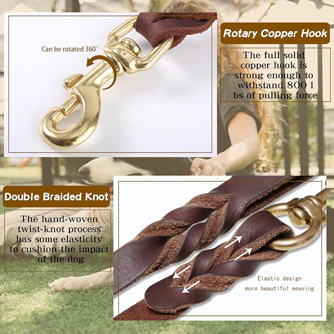 Leather Dog Leash 6ft x 5/8 inch,Strong Heavy Duty Genuine Leather Braided Dog Training Leash, Soft and Comfortable for Large Dogs, Medium Small Dogs (Brown, 6FT*5/8in)