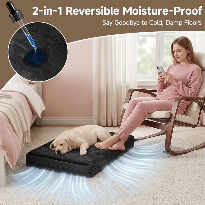 XXL Dog Bed, Waterproof Dog Crate Bed, Reversible Outdoor Dog Bed for Crate, Kennel Beds for Large Dogs, Waterproof, Wipeable, Anti-Slip, Washable, 47" x 29", Black