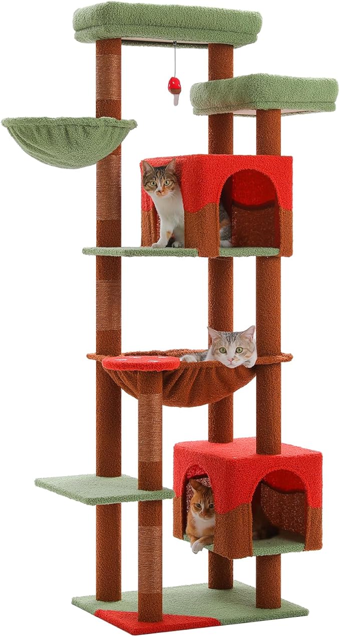 69” Cat Tree for Indoor Cats Large Adult, Multi-Level Cat Tower with Scratching Post, Dual Top Perches, Big Hammock, 2 Condos & Bat Toy Ball, Cat Furniture for Multi-Cat Households, Brown