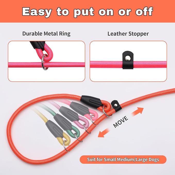 FOVRLZSE 3-Pack Adjustable Dog Slip Leads Pink/Light Blue/Orange - Super-Strong, Easy On/Off, No Collar Needed, Standalone Use, Eye-Catching for Walking/Training