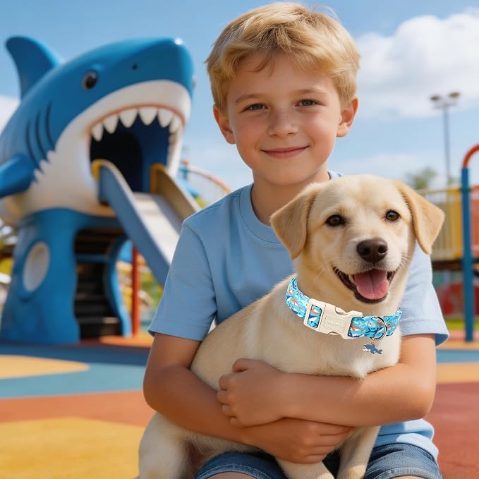 Summer Shark Dog Collar for Boy Dogs- DOGWONG Beach Coastal Dog Collar, Adjustable Soft Hawaiian Dogs Collars for Small Medium Dogs, XS