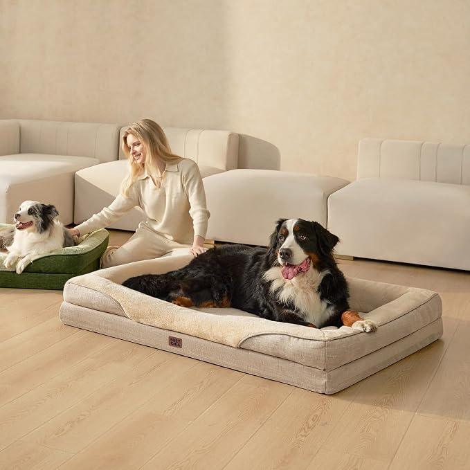 EHEYCIGA Orthopedic XXL Dog Bed for Large Sized Dog, 52x41 Inch Extra Large Memory Foam Dog Couch Bed with Sides, Waterproof Liner & Washable Removable Cover, Bolster Pet Sofa, Beige