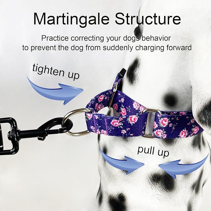 Martingale Collar for Dogs with Buckle Floral Dog Collar Girl Female Soft Nylon Dog Collars for Small Medium Large Dogs (Purple Flower, S)
